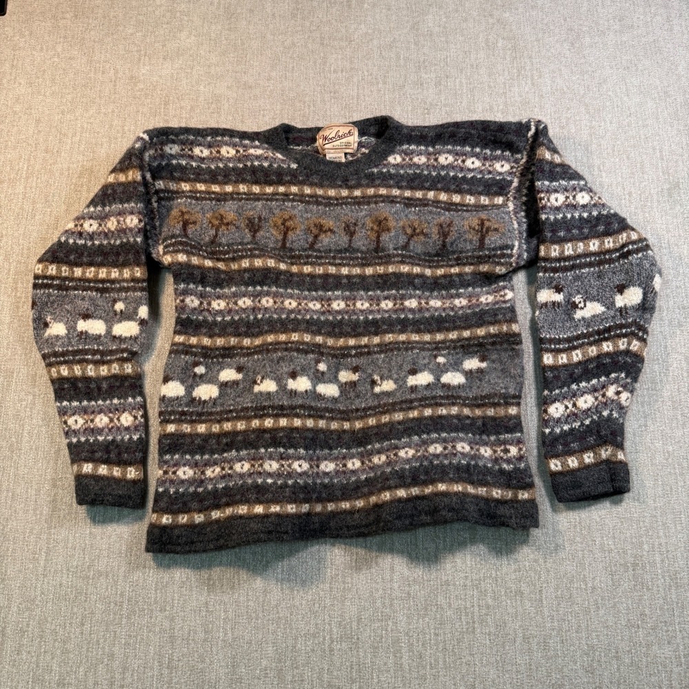 Vintage Woolrich Sheep Tree Fair Isle Wool Sweater Charcoal Gray Womens Medium